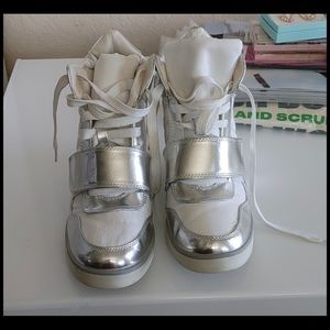 White & silver high top wedge sneakers